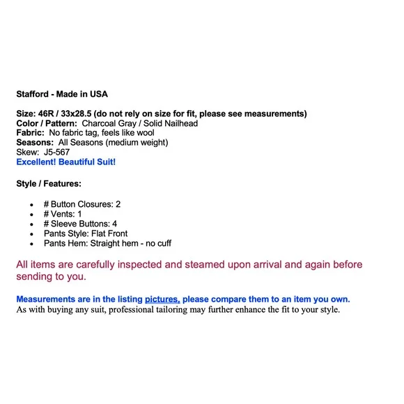 Stafford 46R 33x28.5 Solid Charcoal Gray Suit Nailhead - Picture 3 of 16